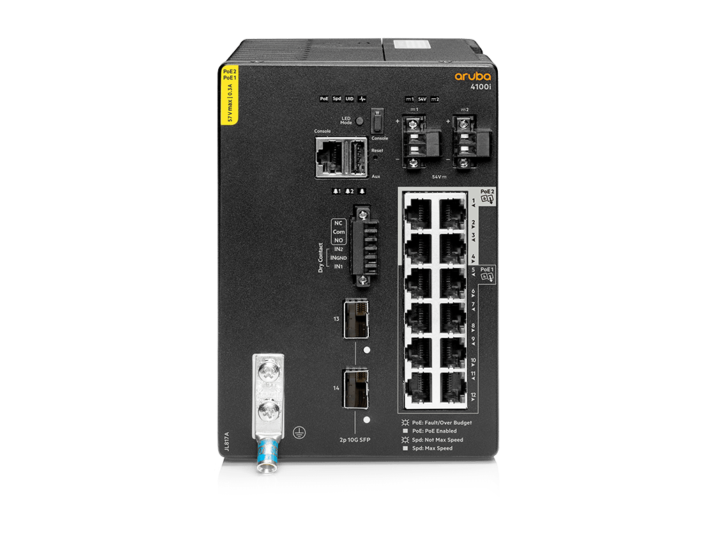 Aruba CX 4100i 12 ポート 1GbE (8 ポート Class 4 PoE および 4 ポート Class 6 PoE) 2 ポート SFP+ DIN マウント・スイッチ
