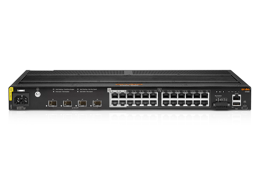 Aruba CX 4100i 24 ポート 1GbE (20 ポート Class 4 PoE および 4 ポート Class 6 PoE) 4 ポート SFP+ スイッチ